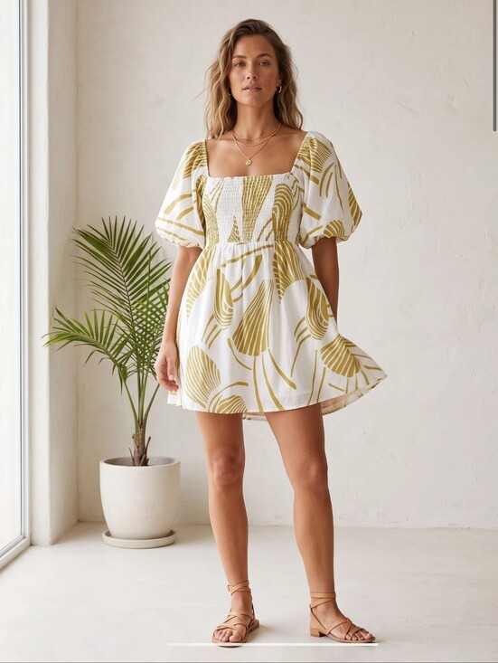 Urban Revivo Dresses & Skirts - Urban Revivo Abstract Shell Print Mini Smock Dress Puff Sleeve Womens Medium